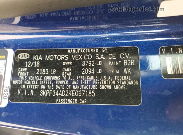 3KPF34AD2KE067185 2019 KIA FORTE Blue 