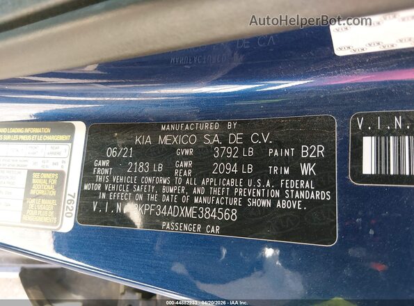 3KPF34ADXME384568 2021 KIA FORTE Dark Blue Շարժիչի բաժամունքի տեսք
