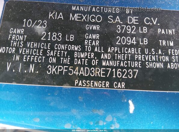 3KPF54AD3RE716237 2024 KIA FORTE Blue Engine compartment view