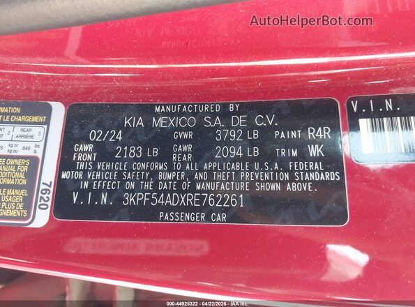 3KPF54ADXRE762261 2024 KIA FORTE Red Vista del compartimento del motor