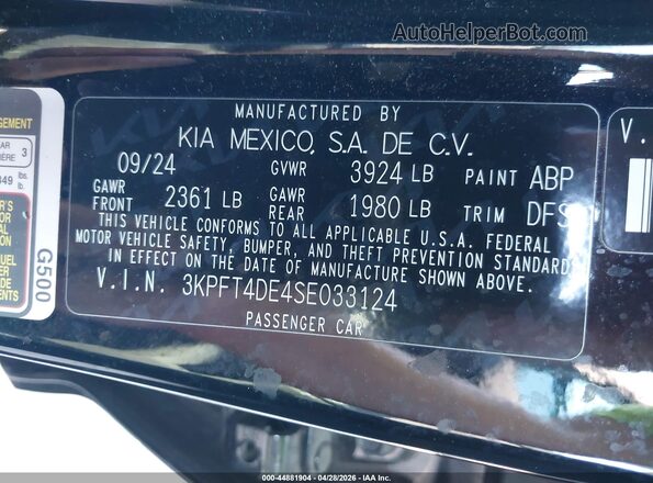 3KPFT4DE4SE033124 2025 KIA K4 Black Շարժիչի բաժամունքի տեսք