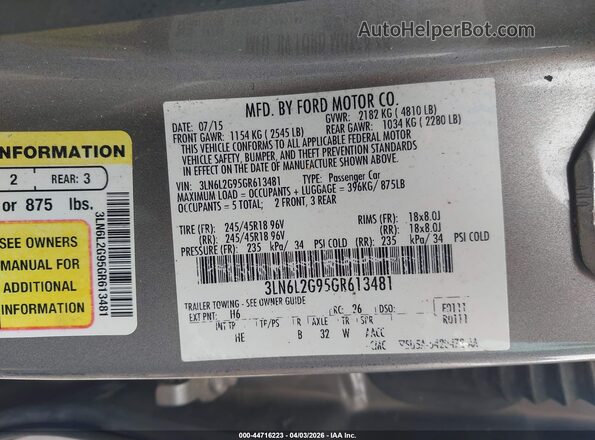 3LN6L2G95GR613481 2016 LINCOLN MKZ Gray Widok komory silnika