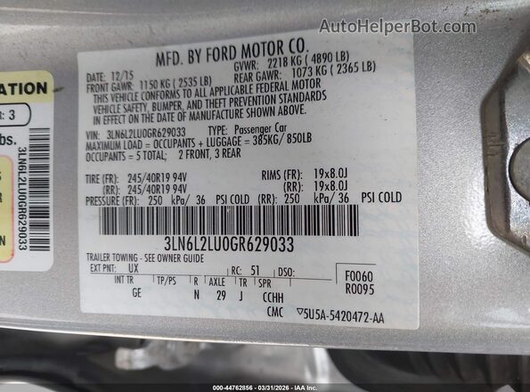 3LN6L2LU0GR629033 2016 LINCOLN MKZ HYBRID Silver Widok komory silnika