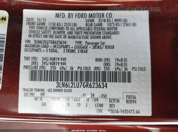 3LN6L2LU7GR623634 2016 LINCOLN MKZ HYBRID Maroon Widok komory silnika
