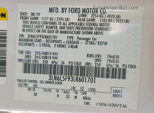 3LN6L5F93LR601701 2020 LINCOLN MKZ White Вид наклейки з VIN-кодом