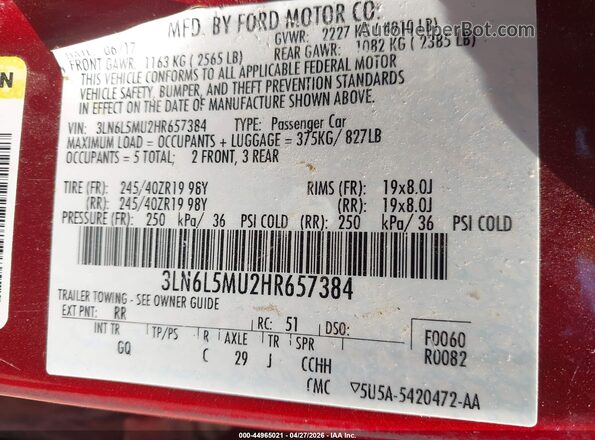 3LN6L5MU2HR657384 2017 LINCOLN MKZ HYBRID Red Vista del compartimento del motor