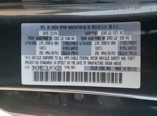 3MVDMBCL5LM114325 2020 MAZDA CX-30 Gray VIN კოდის სტიკერის ხედი