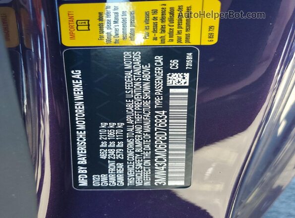 3MW43CM06P8D76834 2023 BMW M2 Purple VIN կոդի պիտակի տեսք