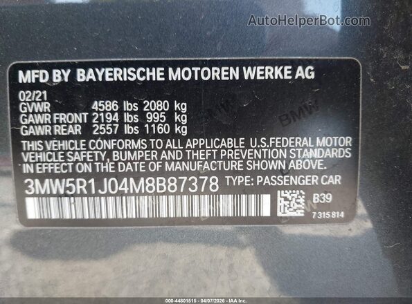 3MW5R1J04M8B87378 2021 BMW 3 SERIES Gray Vista del compartimento del motor