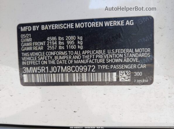 3MW5R1J07M8C09972 2021 BMW 3 SERIES White Engine compartment view
