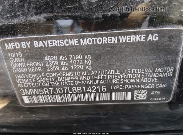 3MW5R7J07L8B14216 2020 BMW 3 SERIES Black Vista del compartimento del motor