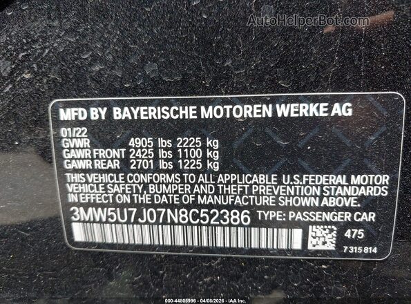 3MW5U7J07N8C52386 2022 BMW M3 Черный Вид подкапотного пространства