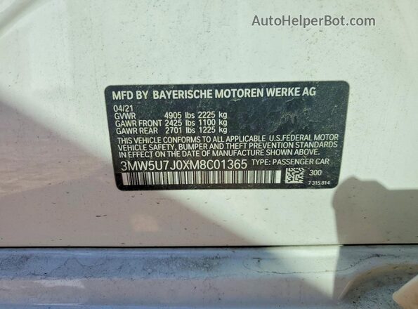 3MW5U7J0XM8C01365 2021 BMW M3 White Շարժիչի բաժամունքի տեսք