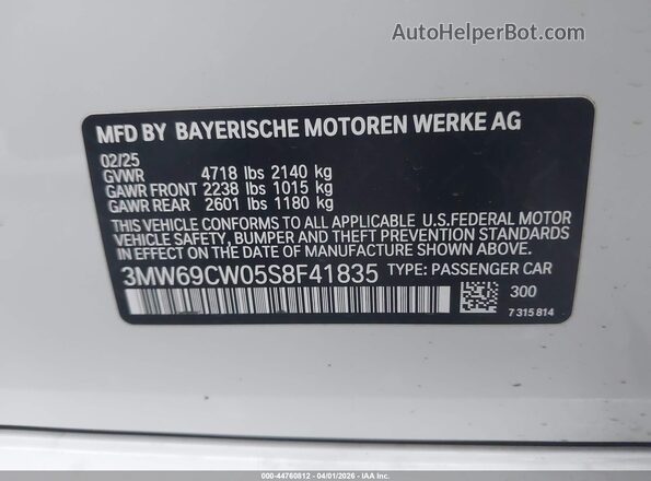 3MW69CW05S8F41835 2025 BMW 3 SERIES White Вид підкапотного простору