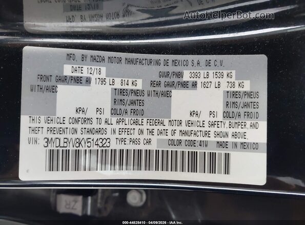 3MYDLBYV8KY514323 2019 TOYOTA LE Black Widok komory silnika