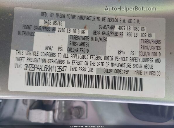 3MZBPAAL6KM113547 2019 MAZDA 3 Silver Շարժիչի բաժամունքի տեսք
