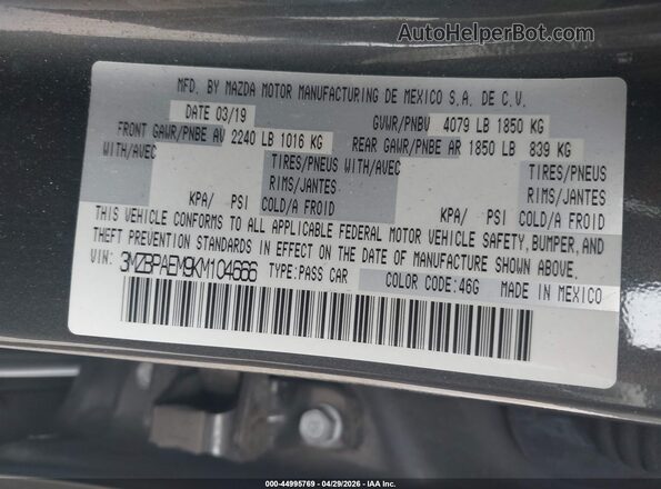 3MZBPAEM9KM104666 2019 MAZDA 3 Gray Շարժիչի բաժամունքի տեսք