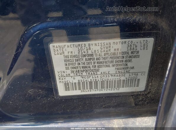 3N1AB7AP0KY242592 2019 NISSAN SENTRA Blue Engine compartment view