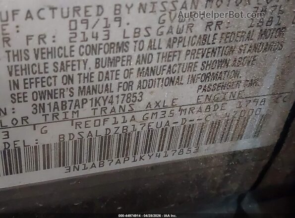 3N1AB7AP1KY417853 2019 NISSAN SENTRA Black Вид підкапотного простору