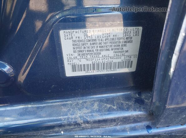 3N1AB7AP2HY360684 2017 NISSAN SENTRA Синий Вид подкапотного пространства