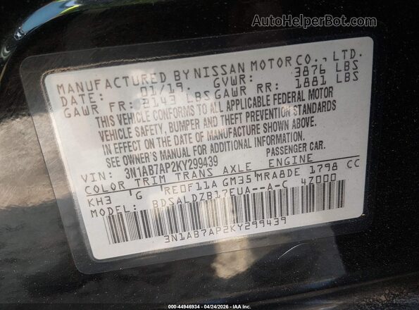 3N1AB7AP2KY299439 2019 NISSAN SENTRA Black 
