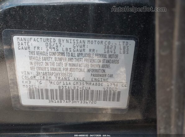 3N1AB7AP3HY336720 2017 NISSAN SENTRA Black ძრავის განყოფილების ხედი