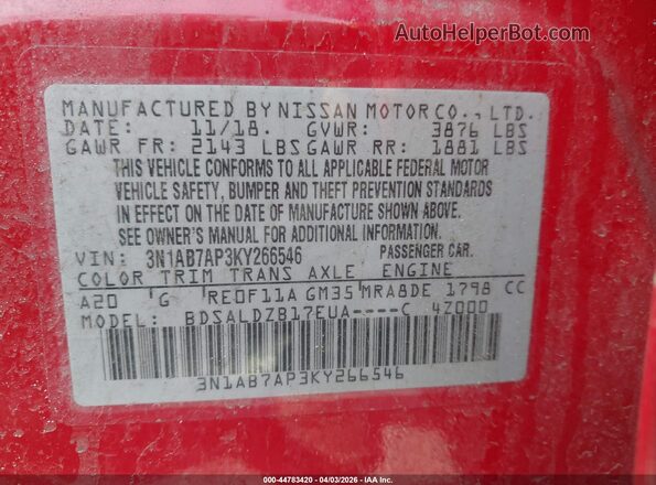 3N1AB7AP3KY266546 2019 NISSAN SENTRA Red Շարժիչի բաժամունքի տեսք