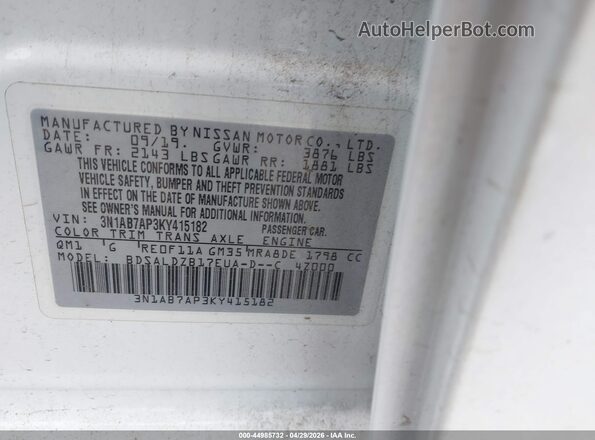 3N1AB7AP3KY415182 2019 NISSAN SENTRA White Вид підкапотного простору