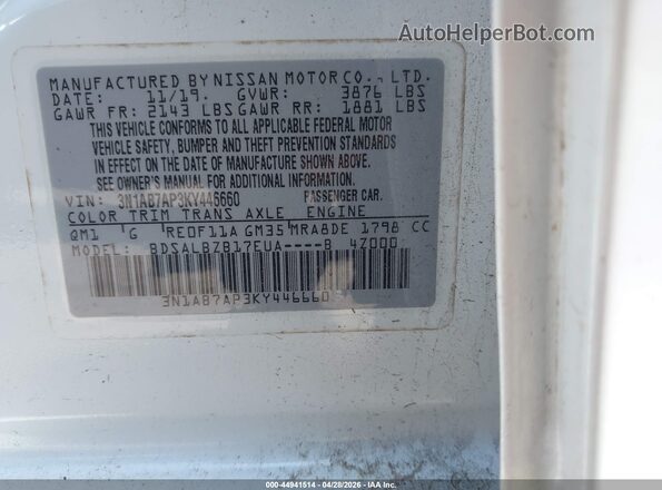 3N1AB7AP3KY446660 2019 NISSAN SENTRA White Vista del compartimento del motor