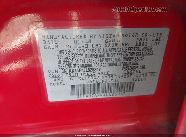 3N1AB7AP4JL625317 2018 NISSAN SENTRA Красный Вид подкапотного пространства