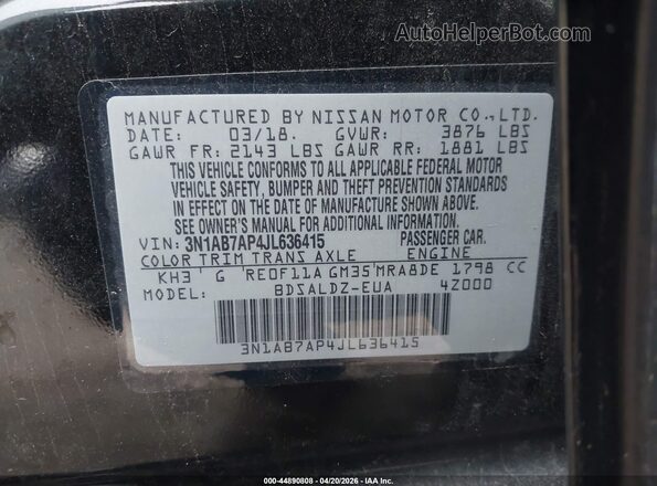 3N1AB7AP4JL636415 2018 NISSAN SENTRA Black Engine compartment view