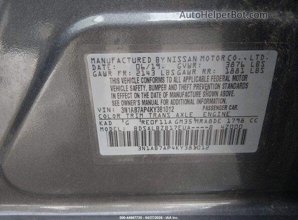 3N1AB7AP4KY381012 2019 NISSAN SENTRA Black Engine compartment view
