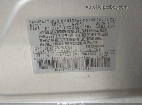 3N1AB7AP4KY433934 2019 NISSAN SENTRA Silver Շարժիչի բաժամունքի տեսք