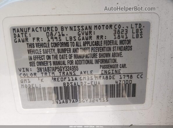 3N1AB7AP5GY324955 2016 NISSAN SENTRA White Engine compartment view