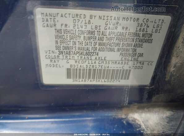 3N1AB7AP5KL602274 2019 NISSAN SENTRA Black Vista del compartimento del motor