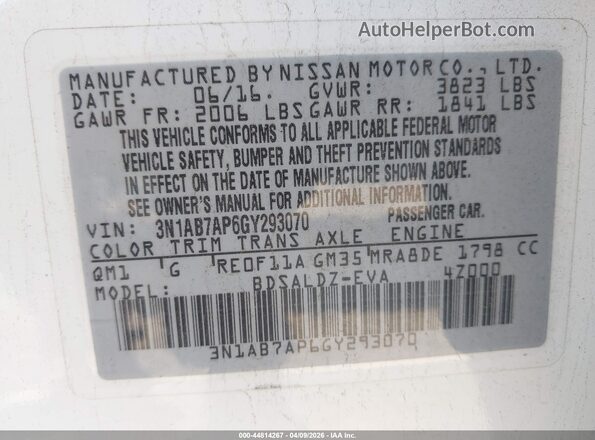 3N1AB7AP6GY293070 2016 NISSAN SENTRA White Widok komory silnika