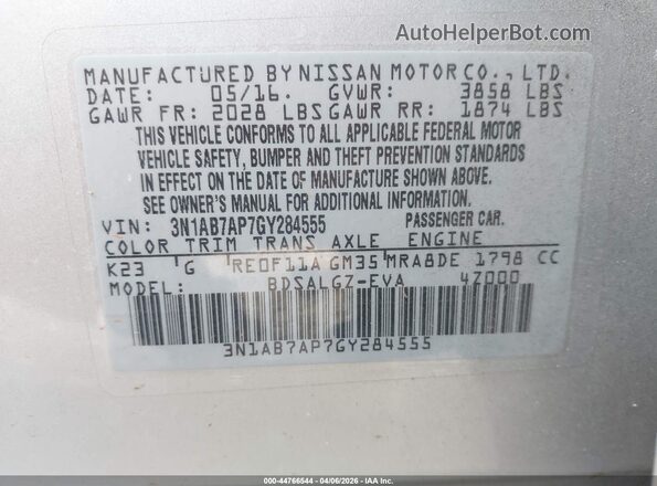 3N1AB7AP7GY284555 2016 NISSAN SENTRA Silver Շարժիչի բաժամունքի տեսք
