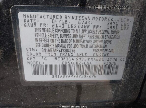 3N1AB7AP7JY304276 2018 NISSAN SENTRA Black ძრავის განყოფილების ხედი