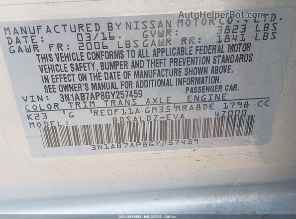 3N1AB7AP8GY257459 2016 NISSAN SENTRA Silver 