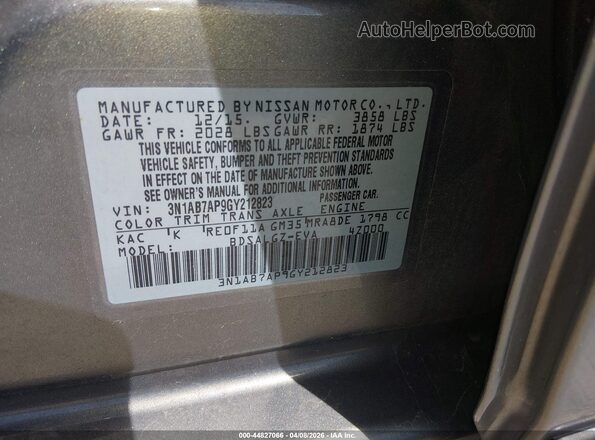 3N1AB7AP9GY212823 2016 NISSAN SENTRA Gold Engine compartment view