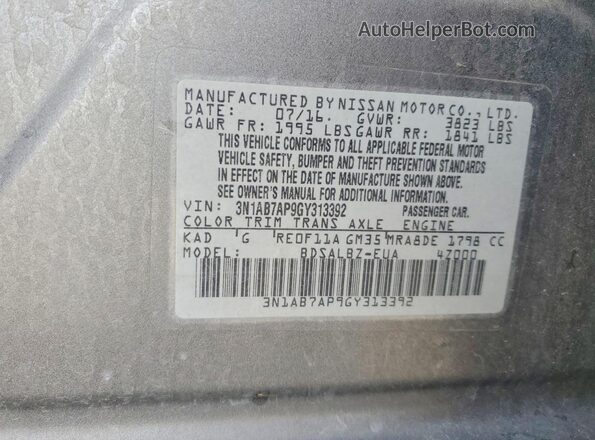 3N1AB7AP9GY313392 2016 NISSAN SENTRA Charcoal Vista del compartimento del motor
