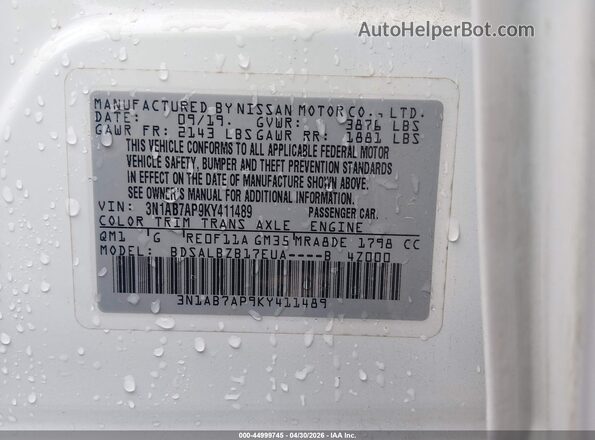 3N1AB7AP9KY411489 2019 NISSAN SENTRA White ძრავის განყოფილების ხედი