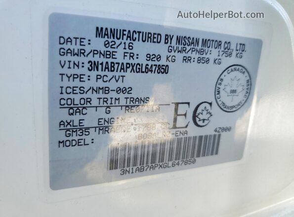 3N1AB7APXGL647850 2016 NISSAN SENTRA White Вид підкапотного простору