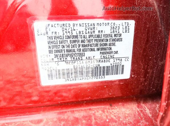 3N1AB7APXGY270553 2016 NISSAN SENTRA Red Engine compartment view