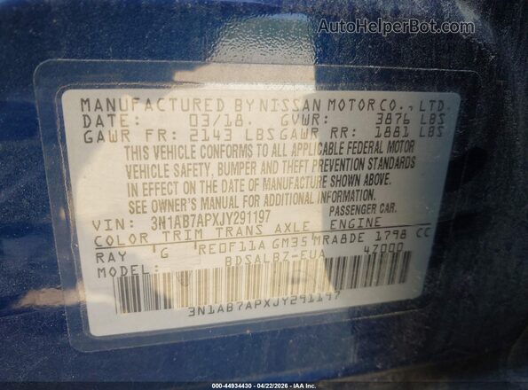 3N1AB7APXJY291197 2018 NISSAN SENTRA Blue 