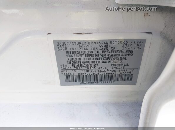 3N1AB8BV2MY231227 2021 NISSAN SENTRA White Widok komory silnika