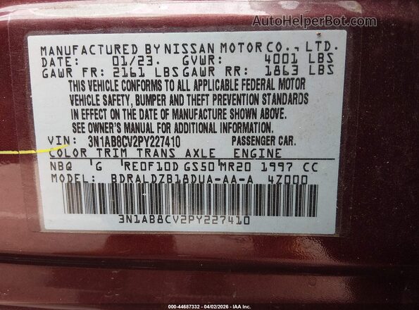 3N1AB8CV2PY227410 2023 NISSAN SENTRA Red Vista del compartimento del motor
