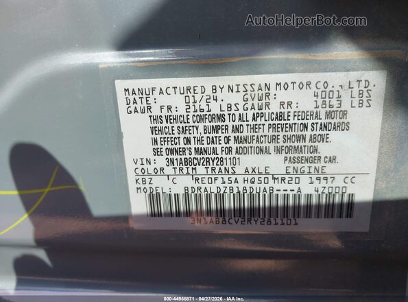 3N1AB8CV2RY281101 2024 NISSAN SENTRA Серый Вид подкапотного пространства