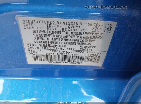 3N1AB8CV3MY203404 2021 NISSAN SENTRA Blue Engine compartment view