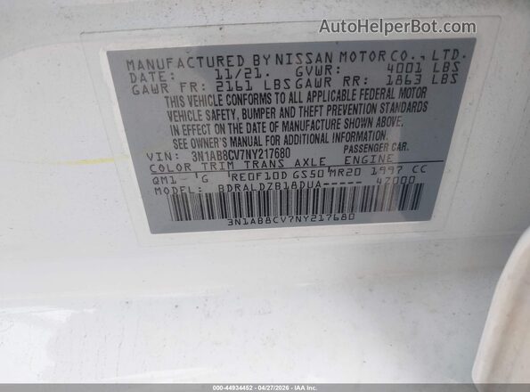 3N1AB8CV7NY217680 2022 NISSAN SENTRA White Widok komory silnika